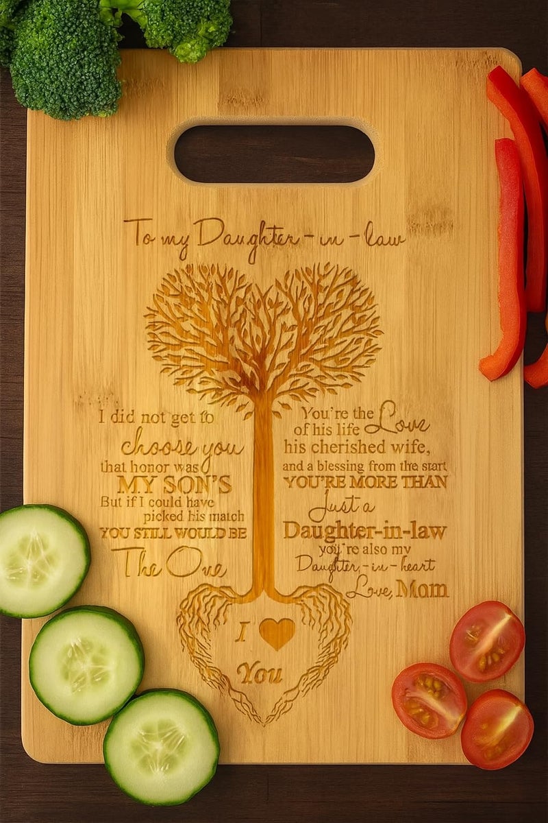 Hat Shark To My Daughter-in-Law Tree Heart Rainbow Sweet Sayings Mother's Day Laser Engraved Bamboo Cutting Board - Wedding, Housewarming, Anniversary, Birthday, Christmas, Gift - Image 2